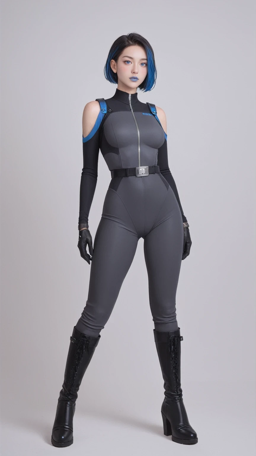 (Masterpiece:1.4), (best quality:1.2), score_9, score_8_up, score_7_up, score_6_up, 1girl, solo, simple background, ctl7t0rig, black gloves, black bodysuit, grey bodysuit, belt, black hair, blue hair, multicolored hair, short hair, two-tone hair, black kne...