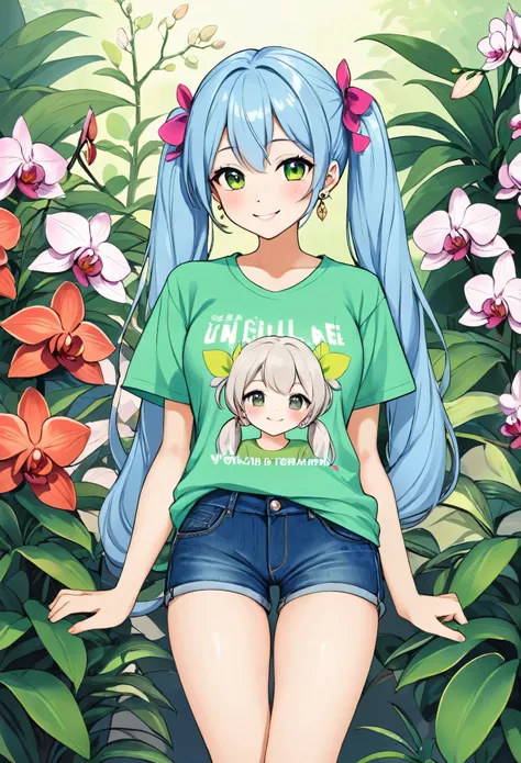 Illustration of a 25 year old woman with earrings, Light blue long hair, Beautiful girl with twin tails、Adorable smile、Green T-shirt and short denim shorts, She is an orchid flower garden(photograph)I&#39;m walking in、She is accompanied by her beloved Shib...