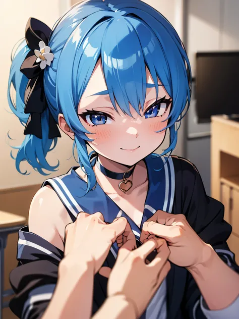 One girl,hoshimachi suisei,blue eyes,Blue Hair,choker,Hair between the eyes,Medium Hair,Side Ponytail,スターchoker,Small breasts,,Micro Mini Skirt,pantyhose,School,Health Room,(Perfect hands),(Perfect Anatomy),(masterpiece),(highest quality)