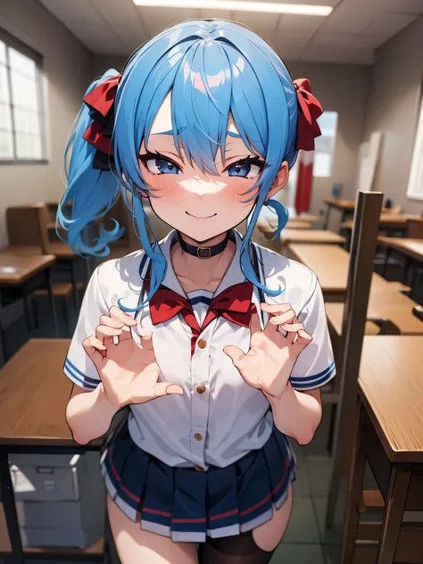 One girl,hoshimachi suisei,blue eyes,Blue Hair,choker,Hair between the eyes,Medium Hair,Side Ponytail,スターchoker,Small breasts,,Micro Mini Skirt,pantyhose,School,Health Room,(Perfect hands),(Perfect Anatomy),(masterpiece),(highest quality)