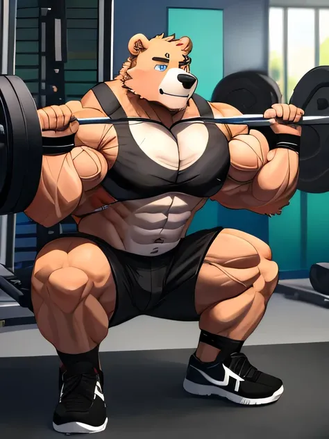 Bear, brown, Girzzly, kemono, solo, huge muscles, thick, himbo, eyes, blue pupils, black shorts, black gym shoes, black wristbands, gym, Squats, working out, workout, strong, veins, furry, pumping