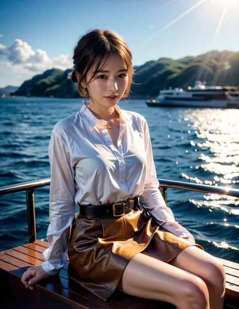 (Robe Dress:1.1) ,smile、Brown beige color hair、Woman standing on a boat、Light brown hair、Elegant hairstyle、Blue Eyed Woman、A woman with a cute upward gaze、When the sky gets dark、The gentle light of the ship shines、When the sun goes down the sky turns red、T...