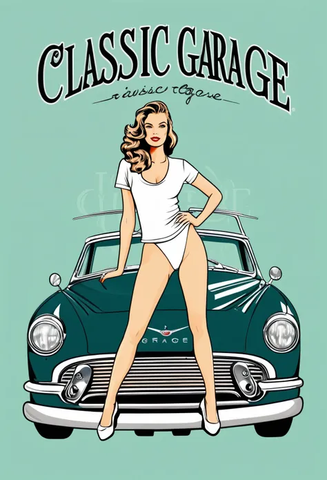 Illustration vector image with a classic car theme, a beautiful female model standing on a car, with the words Classic Garage. Image details are clear, simple and elegant, with a clean background. Used for t-shirt screen printing