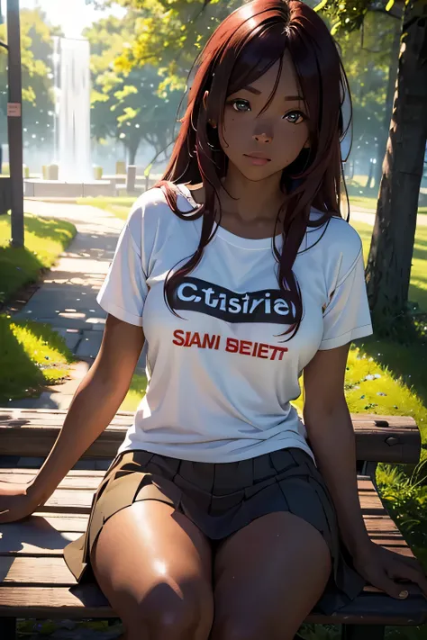 1girl, solo, dark skin, long red hair, freckles, brown eyes, white t-shirt, skirt, white shoes, sitting on a bench, forest park, cinematic lighting, close pov, (best quality,4k,8k,highres,masterpiece:1.2),ultra-detailed,(realistic,photorealistic,photo-real...