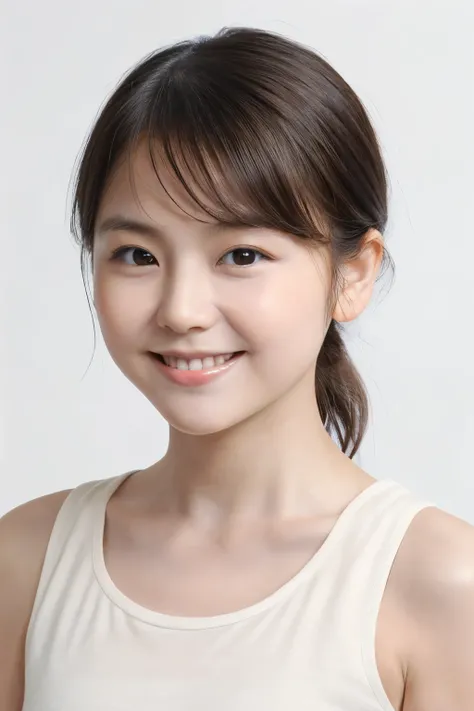 (A photo of your face:1.25), 6 years old, (Baby Face:1.4), (Round face:1.4), One Japanese woman, beautiful girl, Pretty face, (View your audience), (Standing facing the camera), (smile), (Beige tank top)、(Pure white background:1.2)