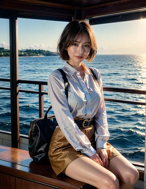 (Robe Dress:1.1) ,smile、Brown beige color hair、Woman standing on a boat、Light brown hair、Elegant hairstyle、Blue Eyed Woman、A woman with a cute upward gaze、When the sky gets dark、The gentle light of the ship shines、When the sun goes down the sky turns red、T...