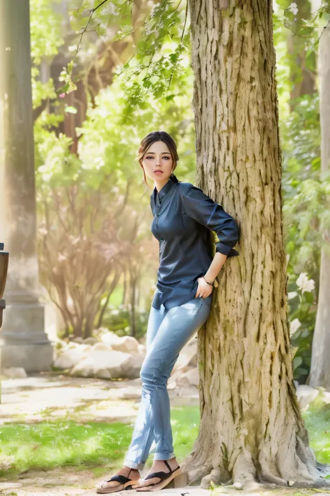 a DSLR camera taking a photo of a beautiful girl in a garden, detailed eyes, detailed lips, long eyelashes, elegant dress, relaxed expression, natural sunlight, golden hour, shallow depth of field, cinematic color grading, seamless composition, high detail...