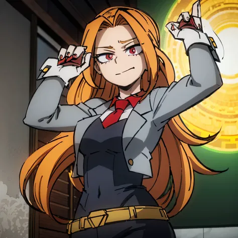 one girl, female focus, Adagio Dazzle, Boku no Hero Academia, masterpiece, top quality, so Beautiful, absurd, long curly hair, orange hair, purple eyes, grin, Adagio Dazzle, thin body, 1 woman, Arrogant, superiors, proud, elegant, outside, sexual, beauty, ...