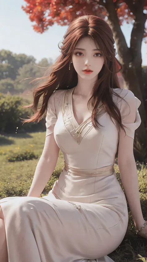 8K Ultra HD, Mastmis, A girl, Good face, Detailed, Eyes, Beautiful lips, Very red hair, dishiveredhair, Medium breasts, Wedding dress, White dress, In the park, Flying birds, blows wind, clear weather, Sitting, Full body capture,