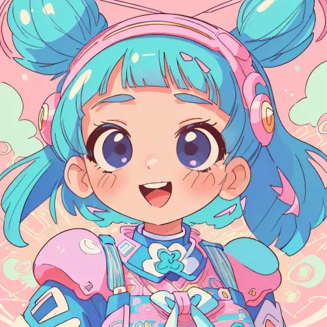 (masterpiece, best quality, ultra-detailed, highres, best illustration), Harajuku POP Fashion girl, aesthetic of pop art, Synthwave, Retrofuturism, happy cute , peromekuri tamanoi style