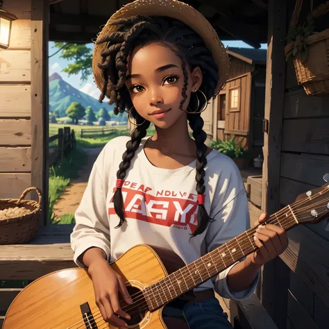 masterpiece, best quality), deep ebony 1girl, beautiful face, short Afro braids , cute, , beautify, Lofi vibe,, cute night vibe, concentrated, hands outside of the picture, farm, countryside vibe , cowgirl clothing, cute look, clothing is dry and baggy, sm...