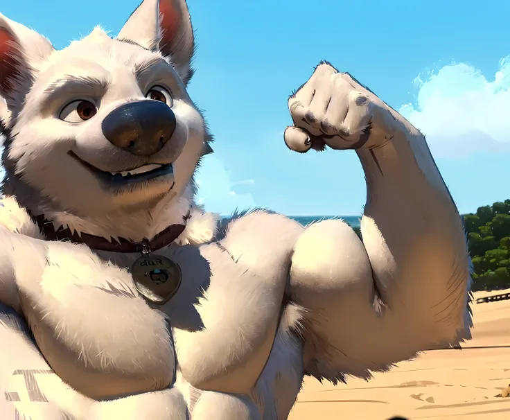 bolt the dog, 4k, high resolution, best quality, detailed, posted on e621, solo, anthro body, masculine, male, (very muscular:1.2), (detailed beach background), (blurry background, out-of-focus background):1.3, (correct anatomy):1, (detailed eyes:1.1), (st...