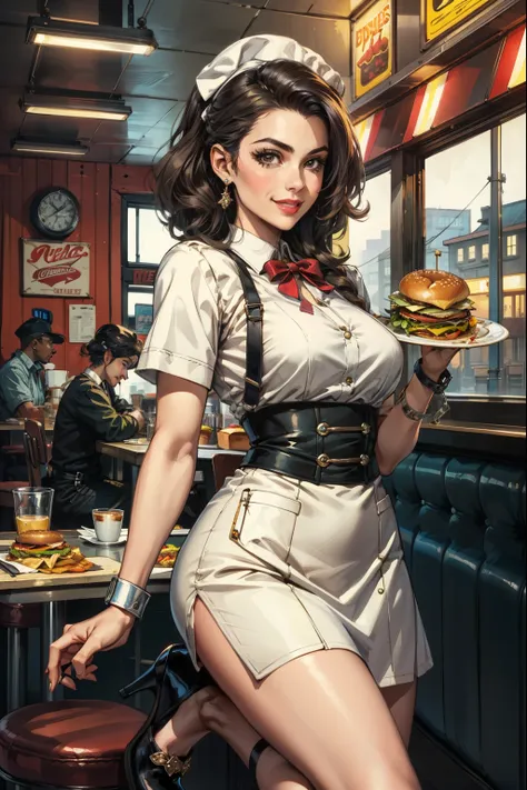 (masterpiece, best quality:1.2, detailed face), solo, 1girl, american diner, waitress, 1950s, holding a platter with fries and h...