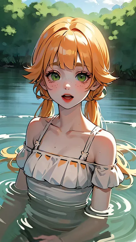 ((best quality)), ((masterpiece)), (detailed), 1 girl, white woman, big, bright green eyes, freckles on her face, long straight orange hair with red gradient downwards, orange bangs on her forehead, in a pond of water in the middle of nature, cute anime an...