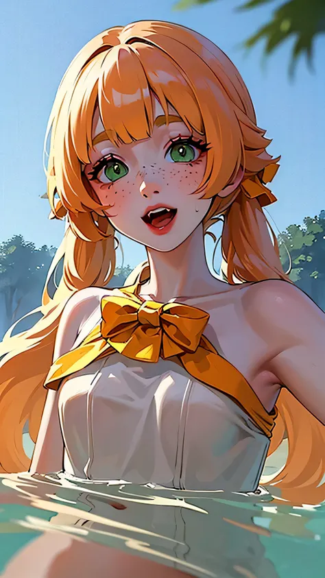 ((best quality)), ((masterpiece)), (detailed), 1 girl, white woman, big, bright green eyes, freckles on her face, long straight orange hair with red gradient downwards, orange bangs on her forehead, in a pond of water in the middle of nature, cute anime an...