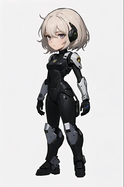 personagem de anime de uma mulher em uma roupa preta e branca, girl with mecha cybernetic armor, android heroine, Traje mecha, mecha feminino, full body Traje mecha, perfect android girl, arte oficial do personagem, esquema de cores de chiho aoshima, garot...