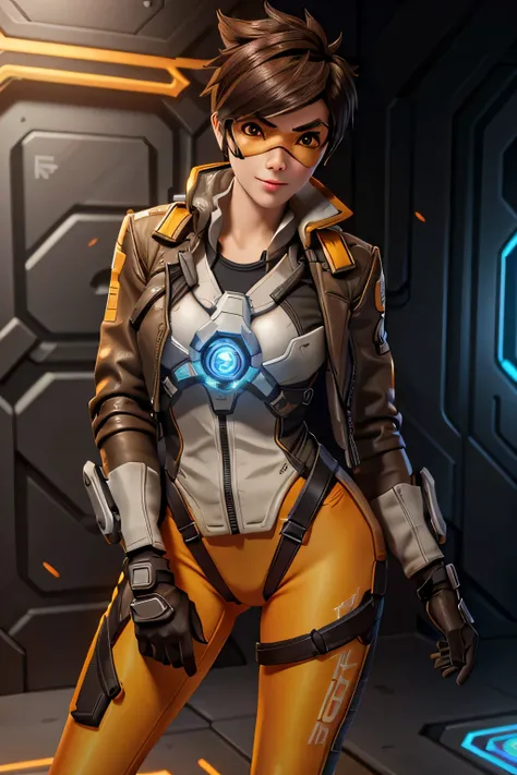 TracerOver, 1girl, tracer (overwatch), solo, orange goggles, brown hair, goggles, short hair, spiked hair, brown eyes, upper body, harness, jacket, bomber jacket, smile, looking at viewer, bodysuit, chest harness, bangs, parted lips, teeth, leather, lips, ...