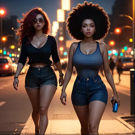 (melhor qualidade,ultra-detalhado),sexy woman with big breasts and athletic body walking on a well-lit avenue, red lighting, cabelo afro amarelo e azul