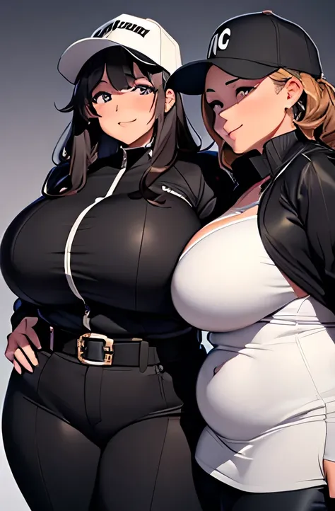 three extremely fat and large women hugging, huge bust, 300 pounds, black pants, massive stomach, lovehandles, smiling, bbw, plus size woman, belt, obese, hand on shoulder, wearing a baseball cap, white shirt, black jacket, voluptuous body, leaning backwar...