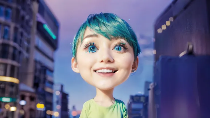 girl, blue big eyes, smile, short blue hair, nice, green shirt