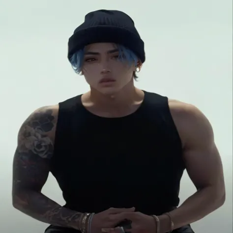 Hombre arafed con cabello azul y un top negro posando para una foto., kim taejin, androgynous person, androgynous male, an epic non-binary model, cai xukun, androgynous, jungkook, frame from a music video, hyung tae, ella lleva una camiseta sin mangas negr...