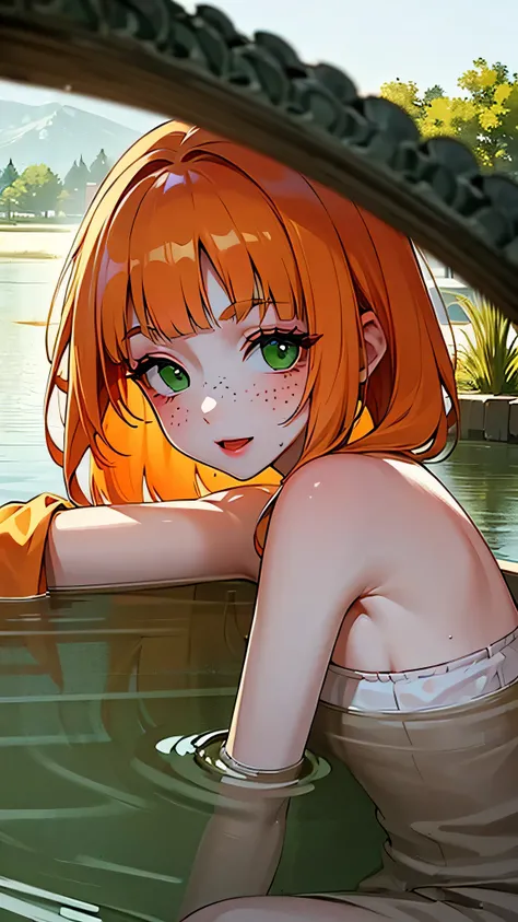 ((best quality)), ((masterpiece)), (detailed), 1 girl, white woman, big, bright green eyes, freckles on her face, long straight orange hair with red gradient downwards, orange bangs on her forehead, in a pond of water in the middle of nature, cute anime an...