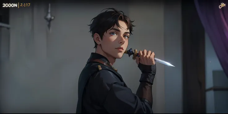 cute young man of 17 years old honey-colored eyes holds a small sword dagger in his hand