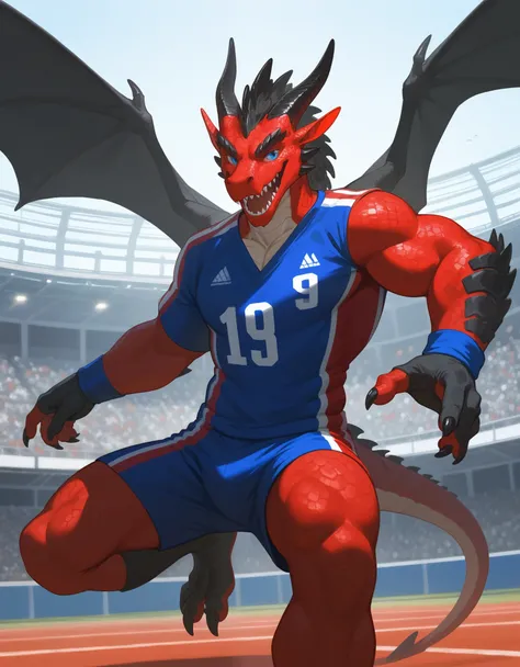 Solo, score_9,score_8_up,score_7_up, source_furry, an Anthro black dragon, black scaley body,  tall male, blue eyes, black wings, some red scales, wearing red football jersey with the number 7 on it, standing, indoors, grinning, sharp dragon teeth, outdoor...