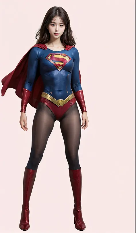 No background、(((Beautiful legs in black tights.)))、(((Legally express the beauty of your smile)))、((((Make the most of your original images)))、(((Supergirl Costume)))、(((Beautiful hairstyle)))、(((suffering)))、(((Please wear black tights....、Wear red boots...