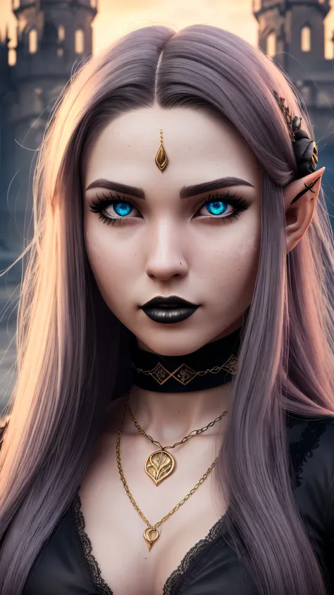 RAW, professional photograph, medium shot, photorealistic, hyper-realistic, ray tracing, super detail, UHD, 8k, female elf, twenty years old, goddess, gold jewelry, athletic body, soft facial features, long hair, straight hair, light pink hair, blue eyes, ...