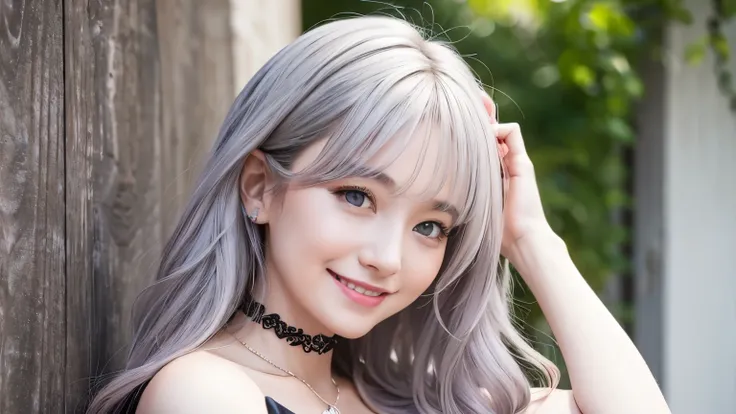 highest quality, Learning, Detailed Hair, High resolution, Big Breasts、necklace, , (Beautiful Face), beautiful girl、Her hair is light grey and pale pink、Smiling、have large breasts、Looking up、Black Dress、choker、Smiling、The ends of the hair are curled、Little...