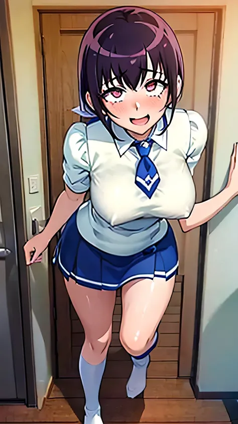 Full body portrait:1.3、masterpiece、highest quality、Beautiful woman、Extraordinary beauty、White shirt、Very short blue pleated skirt、(Crotch pose)、Knee socks、tie、Big Breasts 、Black-haired、A naughty smile to please a man:1.3、Beautiful feet、One woman、Sweaty、blu...