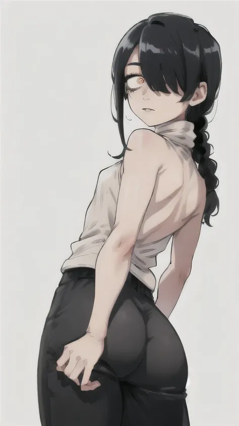 nayuta, turtleneck, bare shoulders, bare arms, black pants, ringed eyes, red eyes, single braid, (hair over one eye), black hair, ass