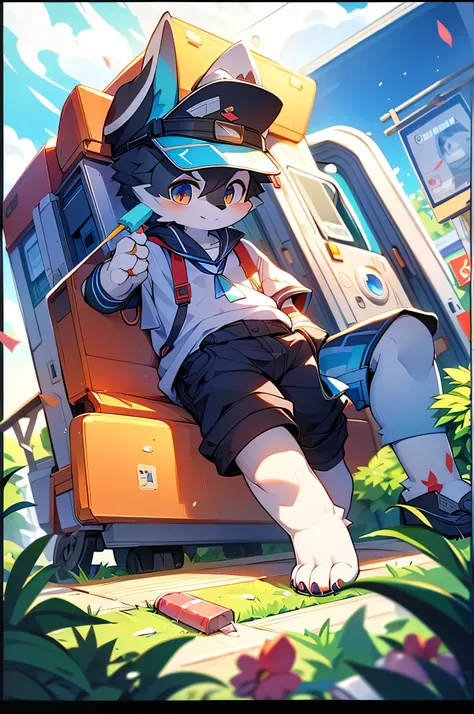 Border collie boy，high school student，uniform，Age 15 years old，go to school by train，tail， 4K ultra-vivid，High resolution，alone, wear, visor, Licking a popsicle, summer,