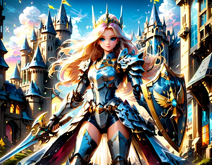 16k, ultra detailed, masterpiece, best quality, (extremely detailed), arafed, dnd art, panoramic view, full body, ((Barbie: 1.5)) knight standing on the all of the castle as the sun rises, she is holding sword and shield, you see only the silhouette of kni...