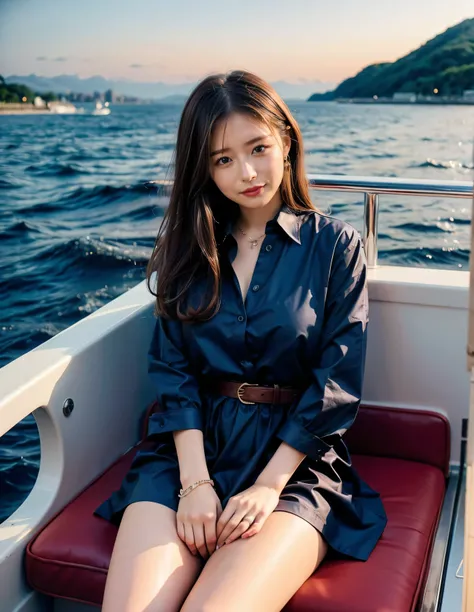 (Robe Dress:1.1) ,smile、Titanic、Brown beige color hair、Woman standing on a boat、Light brown hair、Elegant hairstyle、Blue Eyed Woman、A woman with a cute upward gaze、When the sky gets dark、The gentle light of the ship shines、When the sun goes down the sky tur...