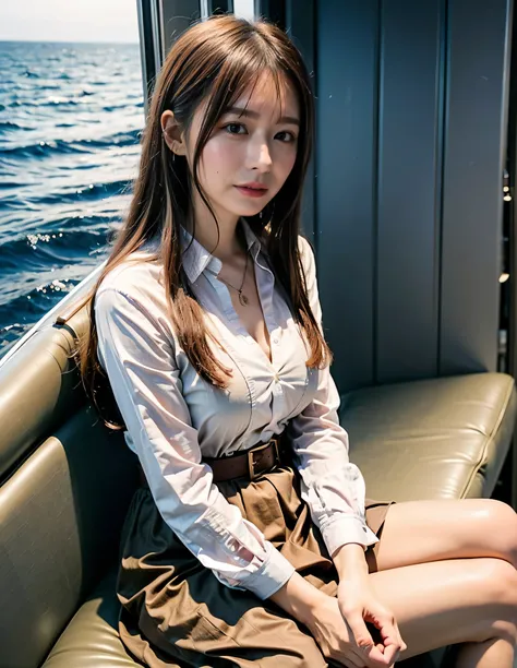 (Robe Dress:1.1) ,smile、Titanic、Brown beige color hair、Woman standing on a boat、Light brown hair、Elegant hairstyle、Blue Eyed Woman、A woman with a cute upward gaze、When the sky gets dark、The gentle light of the ship shines、When the sun goes down the sky tur...