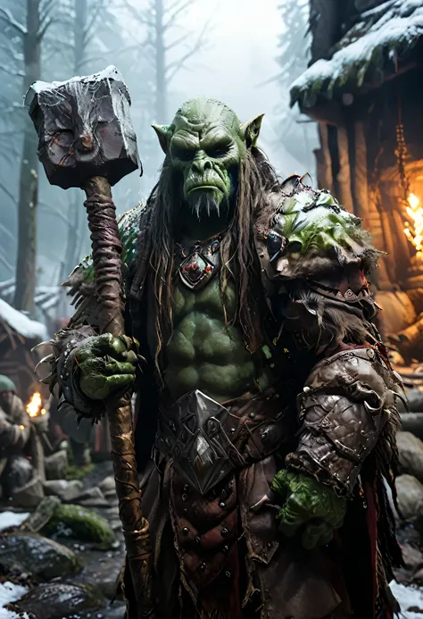 green-skinned goblin warrior, wearing warm medieval clothes under a shaman, wielding a menacing wand." (tundra background) stand...