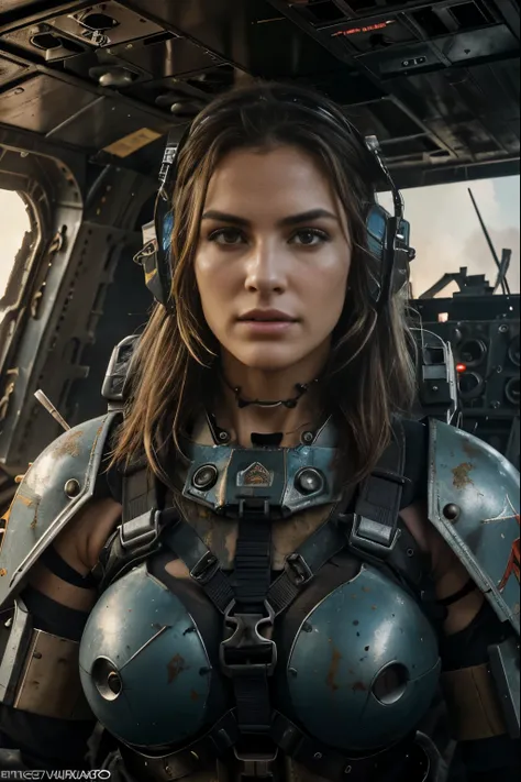 Post-apocalyptic combat scene with beautiful hyperrealistic photography of beautiful young Cindy Crawford with runic tattoos, ((rosto sujo, respingos de sangue)), (((vestindo armadura mecha pesada completa, Combat Harness, neon highlights))) Dreadlocks ver...