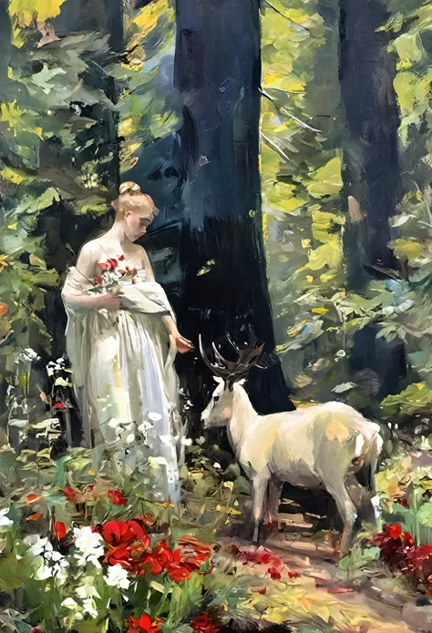 "(The best lighting, alto contraste, oscuro, dramatic),(Chica rubia junto a una cabra negra gigante, Open the rib cage, feto, autopsia, huesos humanos, sangre por las paredes). Luz Caravaggio" (forest Grove with flowers)