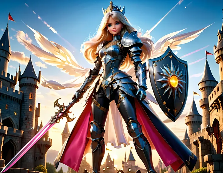 16k, ultra detailed, masterpiece, best quality, (extremely detailed), arafed, dnd art, panoramic view, full body, ((Barbie: 1.5)) knight standing on the all of the castle as the sun rises, she is holding sword and shield, you see only the silhouette of kni...