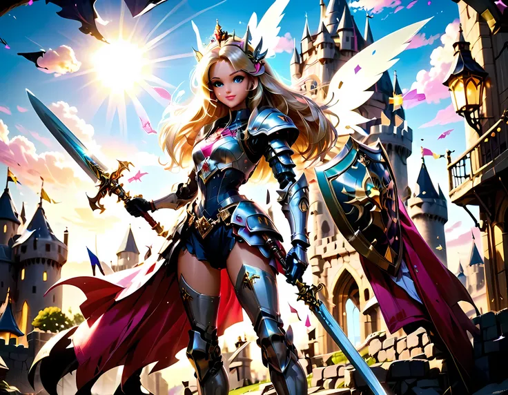 16k, ultra detailed, masterpiece, best quality, (extremely detailed), arafed, dnd art, panoramic view, full body, ((Barbie: 1.5)) knight standing on the all of the castle as the sun rises, she is holding sword and shield, you see only the silhouette of kni...