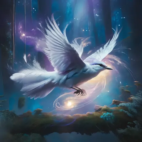 Create an ethereal, glowing bird with luminescent feathers in shades of blue, purple, and white, perched on a delicate, swirling branch. The bird should have an otherworldly glow, with light emanating from its body and wings, giving it a magical, celestial...