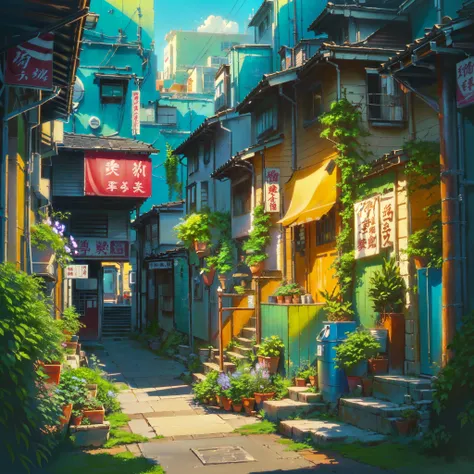 a painting of a narrow alley with a lot of plants, anime background art, anime art wallpaper 8 k, anime art wallpaper 4 k, anime art wallpaper 4k, anime style cityscape, anime scenery concept art, highly detailed digital painting, colorful concept art, ver...