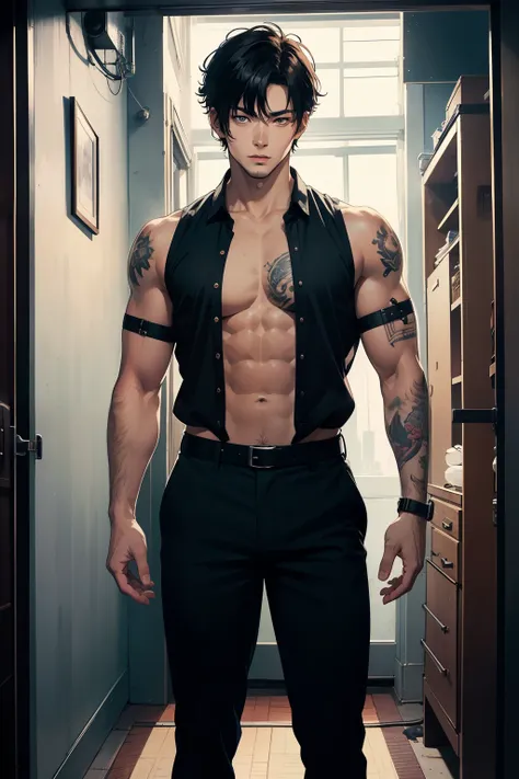 ((best quality)), ((masterpiece)), (detailed), 90s anime style, handsome, Japanese, anime boy, tatto, 2 male, adult, tall muscular guy, finely detailed eyes and detailed face, extremely detailed CG unitymasterpiece,, looking at viewer, standing, straight-o...