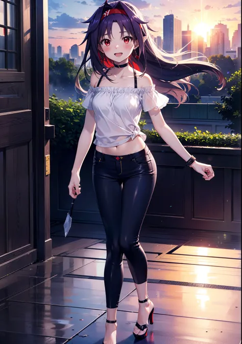 yuukikonno, Konno Yuuki, hair band, Long Hair, Pointed Ears, Purple Hair, (Red eyes:1.5), (Small breasts:1.2), Open your mouth,
blush,happy smile, smile, Open your mouth,Cold shoulder top,Short sleeve,skinny pants,Stiletto heels,morning,morning陽,The sun is...