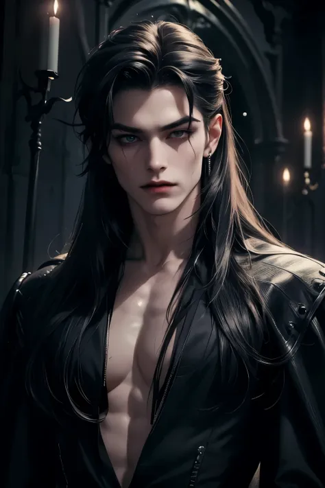 ((best quality)), ((masterpiece)), 8k (detailed), ((perfect face)), perfect proporcions, ((halfbody)) he is a sexy vampire, he i...