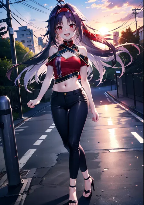 yuukikonno, Konno Yuuki, hair band, Long Hair, Pointed Ears, Purple Hair, (Red eyes:1.5), (Small breasts:1.2), Open your mouth,
blush,happy smile, smile, Open your mouth,Cold shoulder top,Short sleeve,skinny pants,Stiletto heels,morning,morning陽,The sun is...