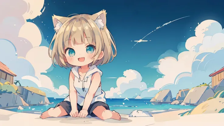 Chibi、Please straighten your bangs、smile、((masterpiece)), ((highest quality)), (anime:1.3), (RAW Photos:1.2),(High resolution:1.3), (Professional photography:1.4), ((12 years old)), 8k, Shiny skin, Cinema Lighting, One girl, Wide Shot, (Knitted fabric tank...