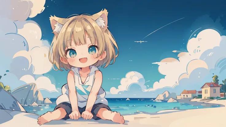 Chibi、Please straighten your bangs、smile、((masterpiece)), ((highest quality)), (anime:1.3), (RAW Photos:1.2),(High resolution:1.3), (Professional photography:1.4), ((12 years old)), 8k, Shiny skin, Cinema Lighting, One girl, Wide Shot, (Knitted fabric tank...